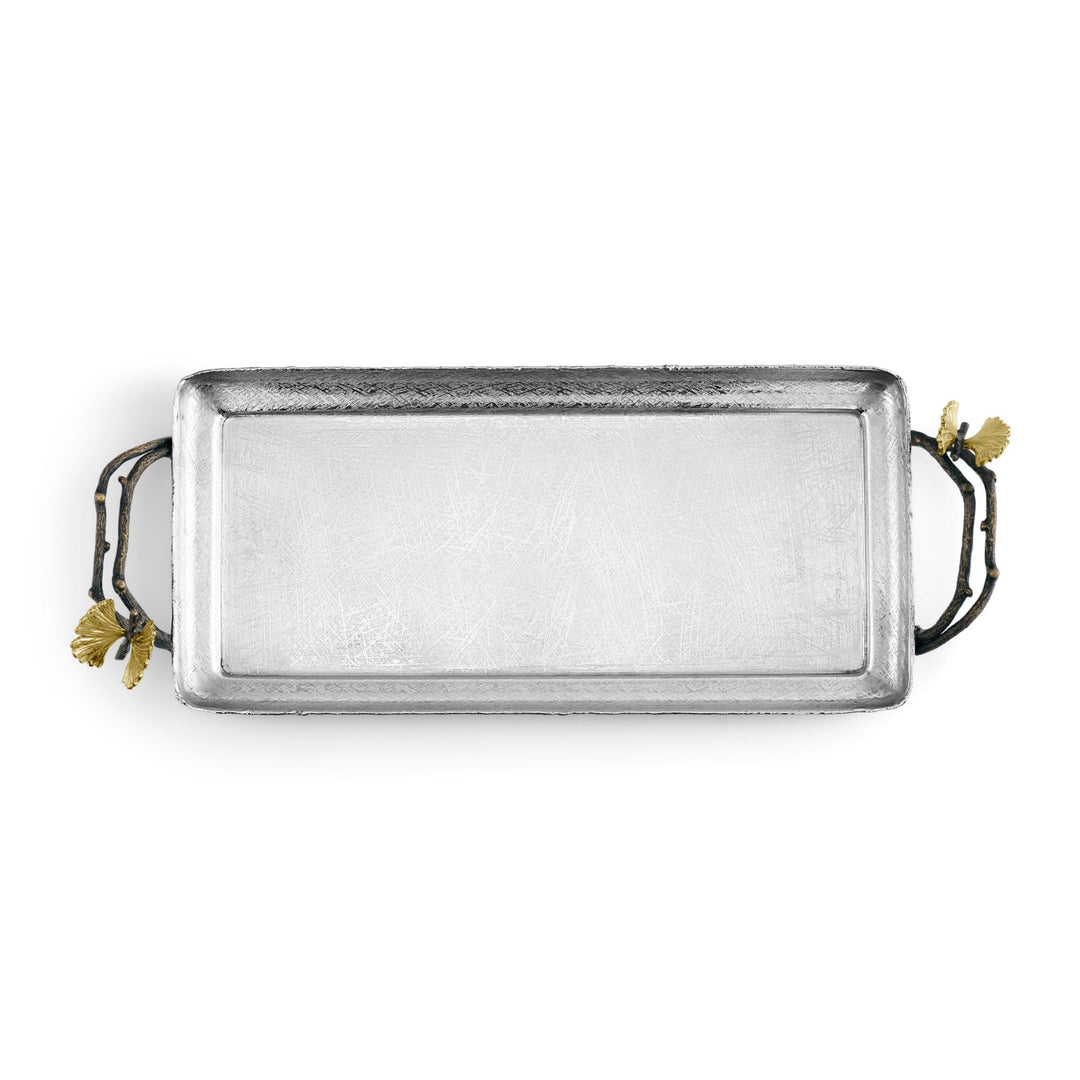 Michael Aram Butterfly Ginkgo decorative Tray handcrafted in hand textured stainless steel with natural and oxidized brass butterfly ginkgo handles. for bedroom, bathroom accessory.  Top view