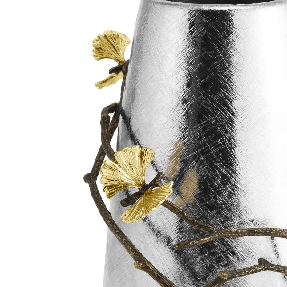 Silver vase with gold butterfly ginkgo leaf decorations 