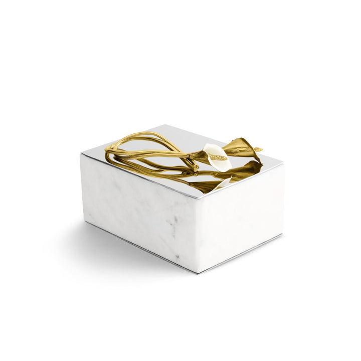 Michael Aram Calla Lily Cremation Urn handcrafted in stainless steel, brass, and white enamel from the Celebration of Life Collection. Angled image