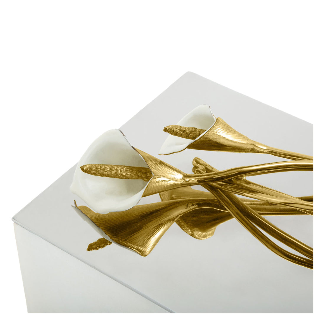 Michael Aram Calla Lily Cremation Urn handcrafted in stainless steel, brass, and white enamel from the Celebration of Life Collection. Close up
