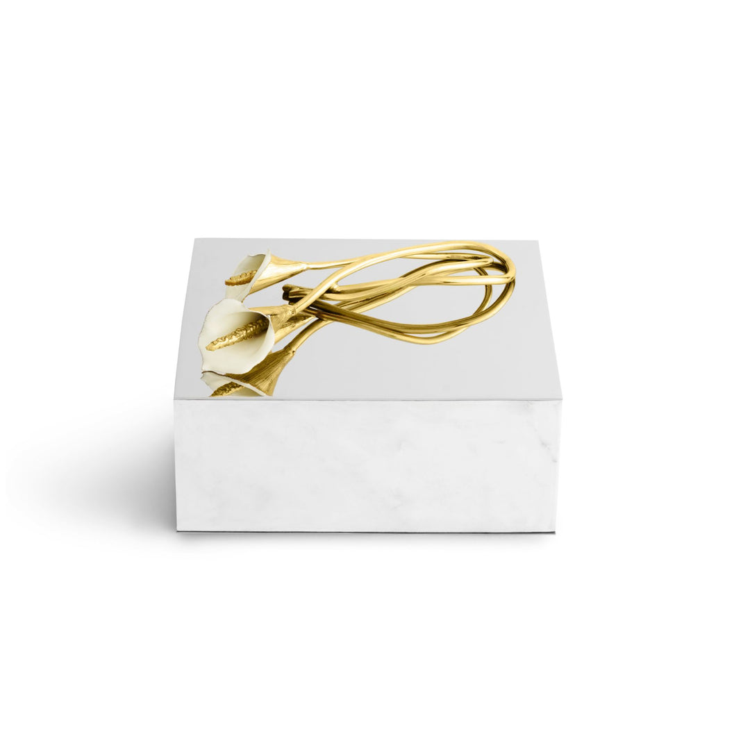 Michael Aram Calla Lily Cremation Urn handcrafted in stainless steel, brass, and white enamel from the Celebration of Life Collection.  Top view