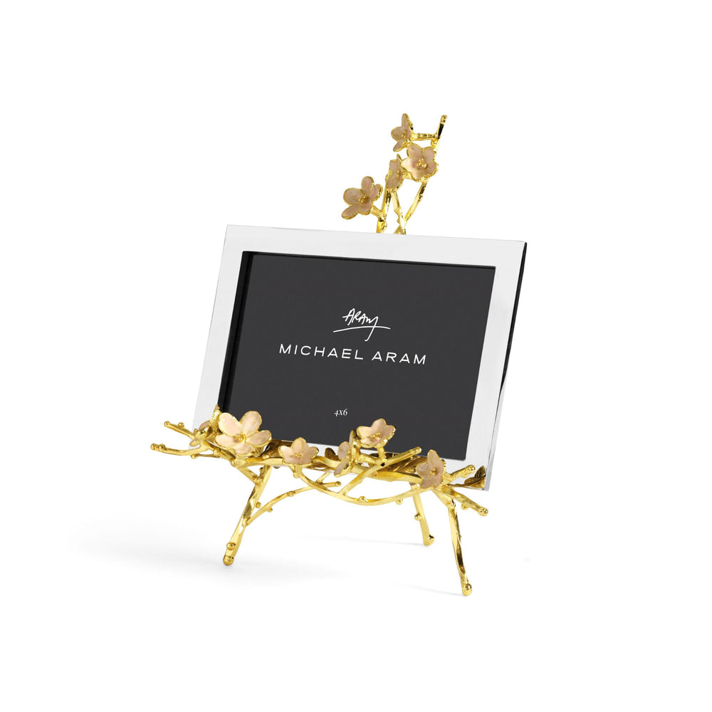 Michael Aram Cherry Blossom Easel Photo Frame 4x6 with pink enamel cherry blossoms and goldtone details. Right Facing