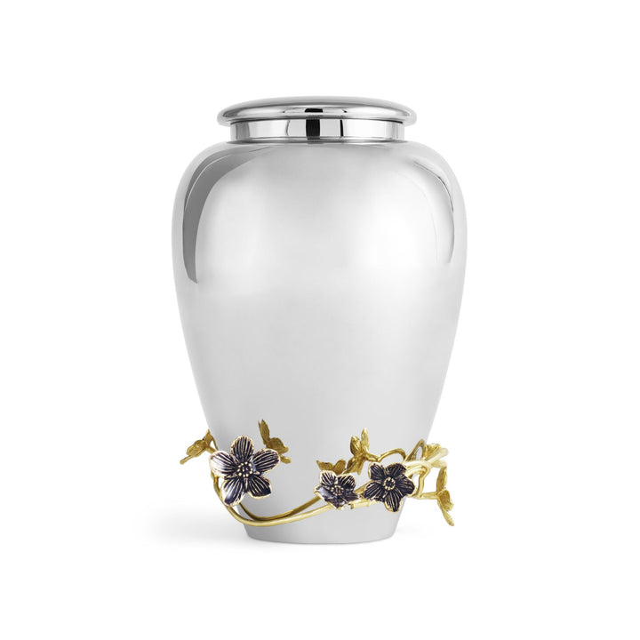 Michael Aram Forget Me Not Cremation Urn LARGE, handcrafted in stainless steel, natural brass, and purple enamel from the Forget Me Not Collection.