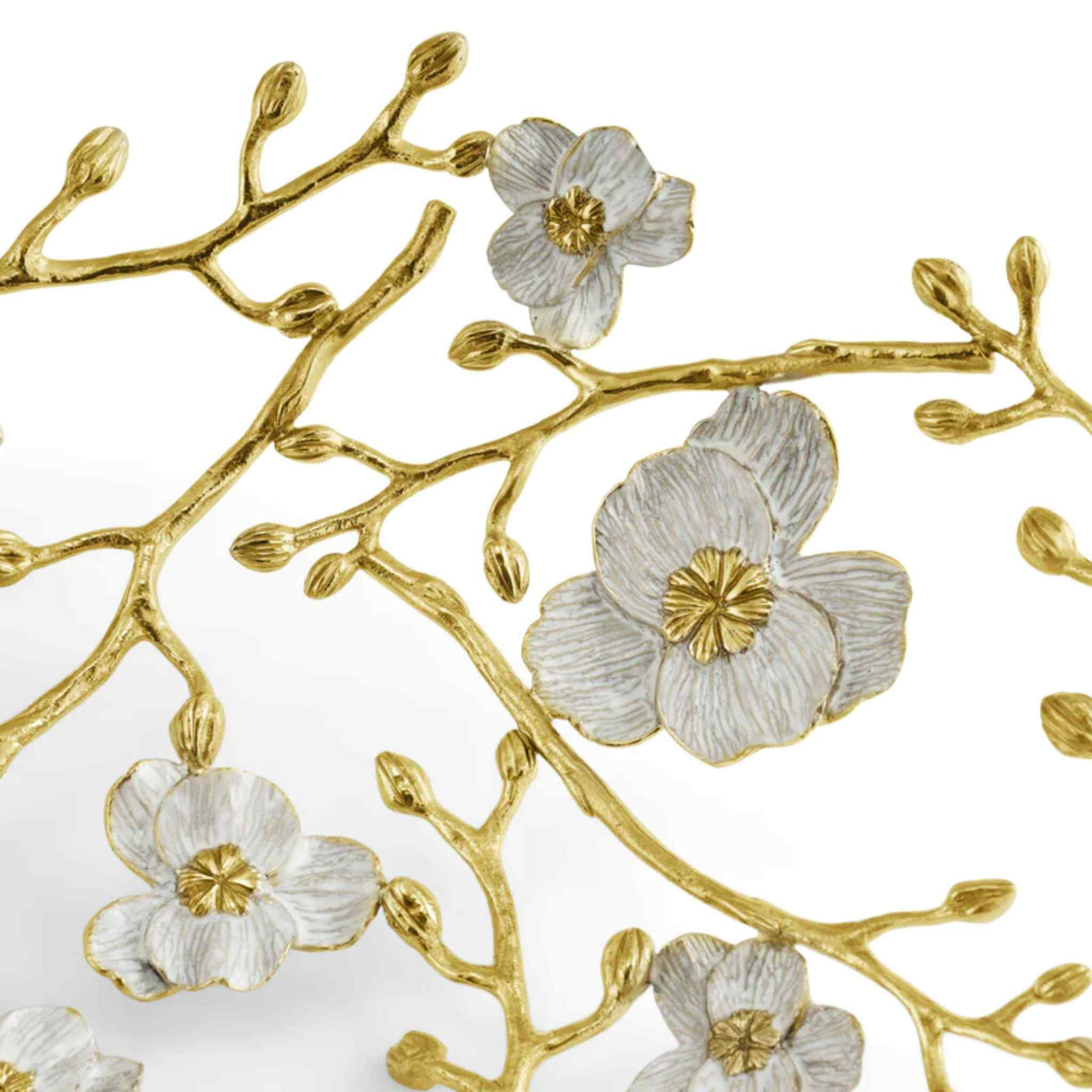 Michael Aram Orchid Basket in Natural Brass and White Enamel close up on detail