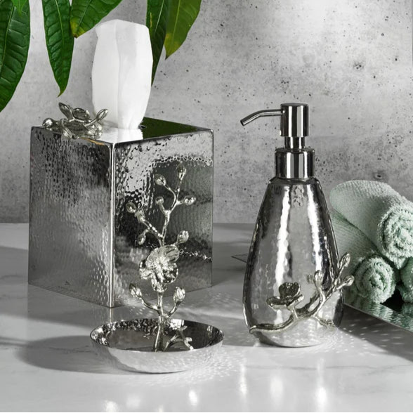 Michael Aram White Orchid Ring Catcher featured with white orchid soap dispenser and tissue dispenser