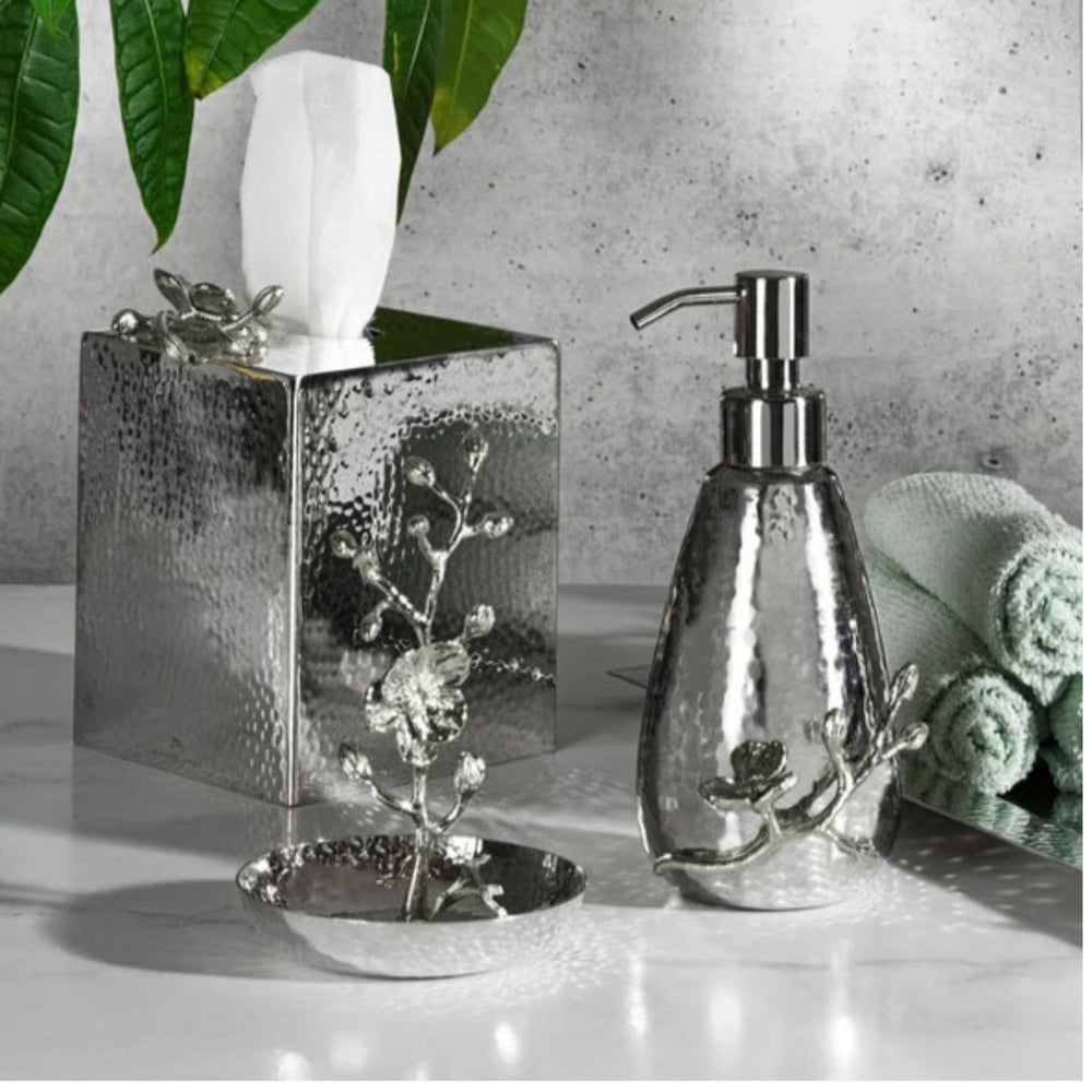 Michael Aram Decorative silver tone soap dispenser, tissue box, and ring catcher. together as bathroom vanity accessories