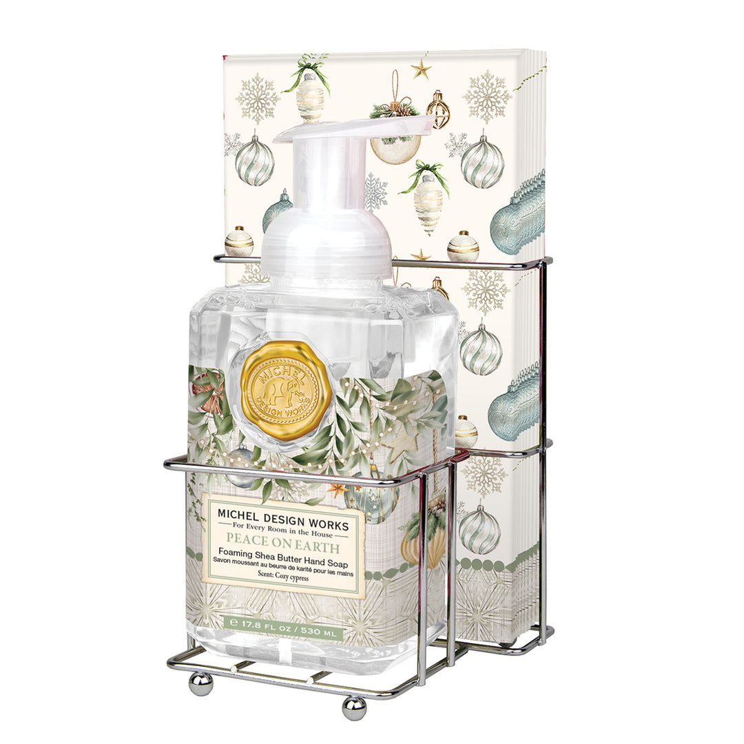 Michel Design works Peace on Earth gift set caddy with foaming soap and paper napkins upright in space saving  silver coloured metal caddy
