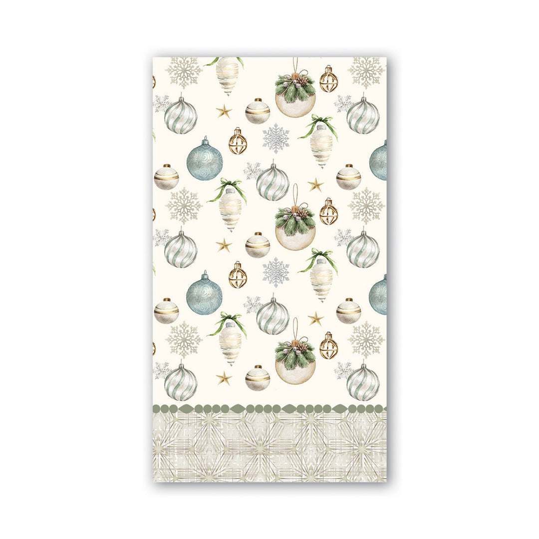 Michel Design Works Peace on Earth hostess napkin with green and gold ornaments, snowflakes and a patterned border on a cream background.