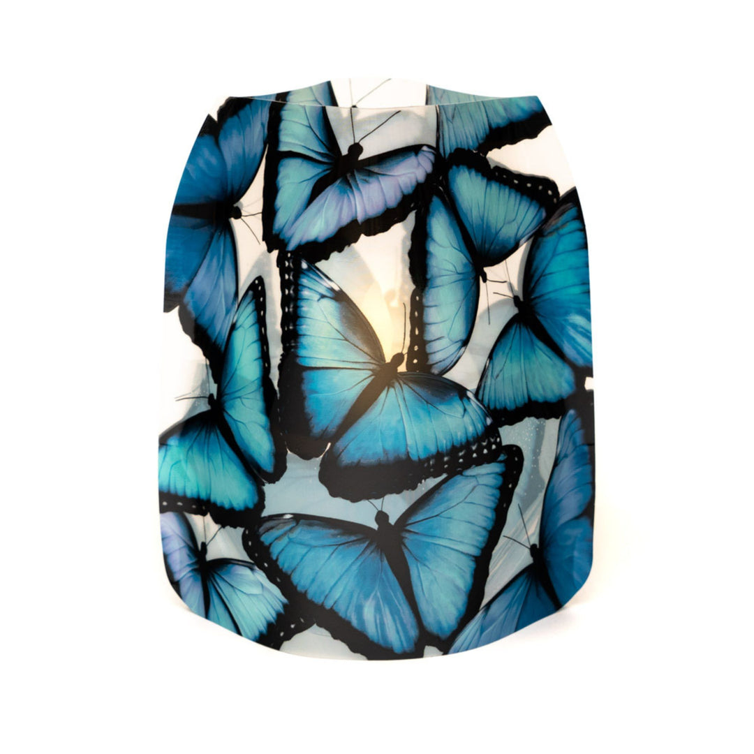 Modgy LED luminary featuring stained-glass-like Blue Morpho butterflies in brilliant shades of blue