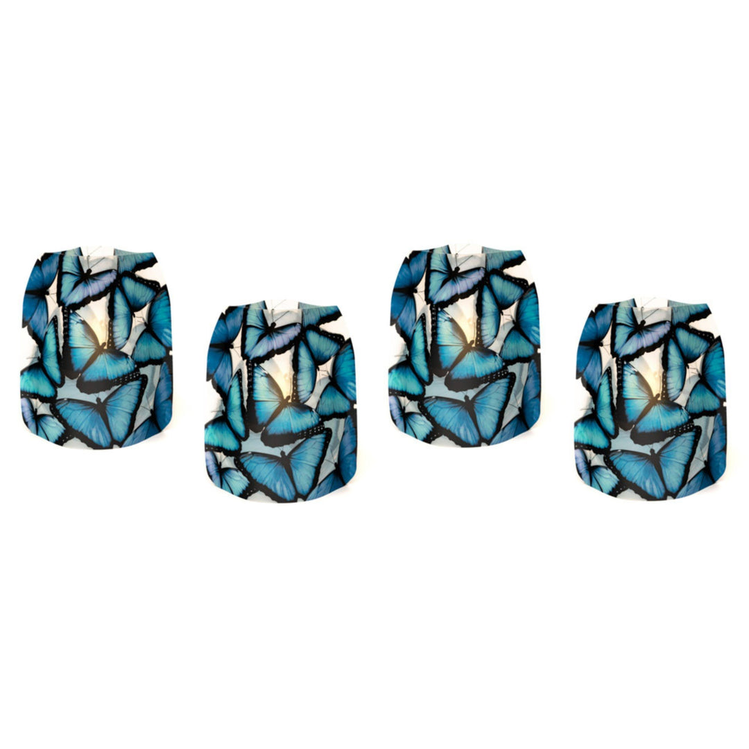 Set of 4 reusable Modgy LED luminaries featuring stained-glass-like Blue Morpho butterflies in vivid shades of blue