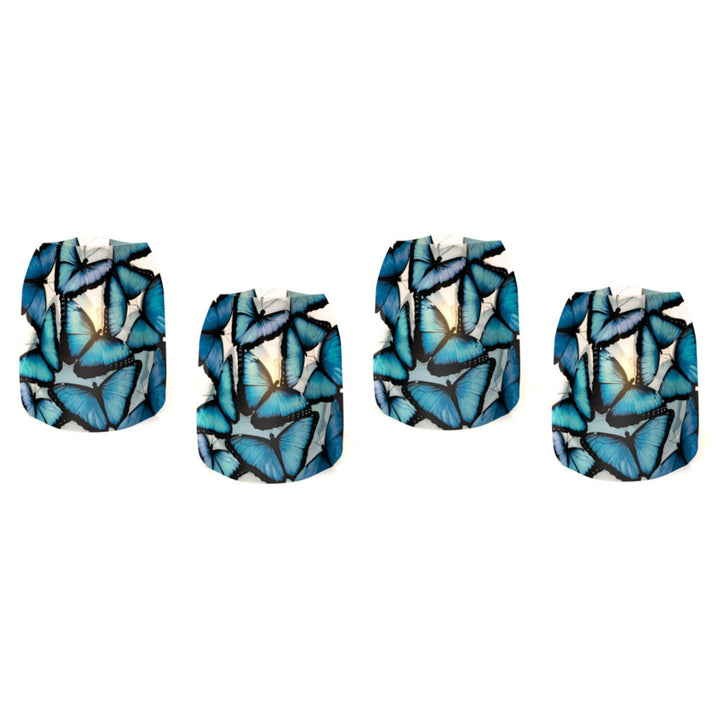 Set of 4 reusable Modgy LED luminaries featuring stained-glass-like Blue Morpho butterflies in vivid shades of blue