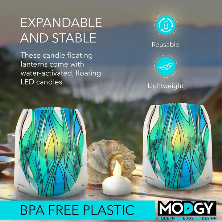 Modgy Heedo reusable LED luminaries for outdoor entertaining, featuring a stained-glass-like blue, aqua and green design with water-activated floating LED candles. Featuring reusable, lightweight, and BPA free plastic.