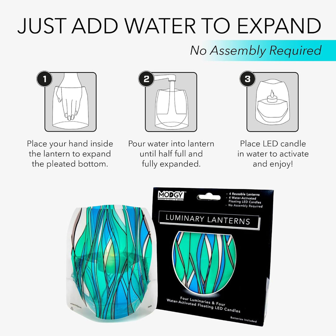 Instructional graphic for a water-activated LED lantern by MODGY, showing three step-by-step expanding instructions. Add water and place candle inside.