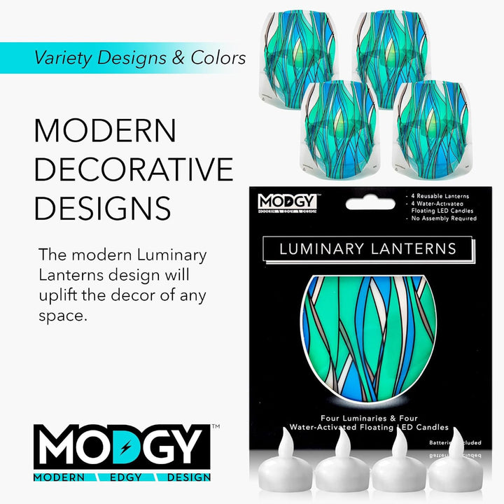 Modgy Heedo LED Luminary Set of 4 with gift box and water-activated floating LED candles, featuring a stained-glass-like blue, aqua and green design