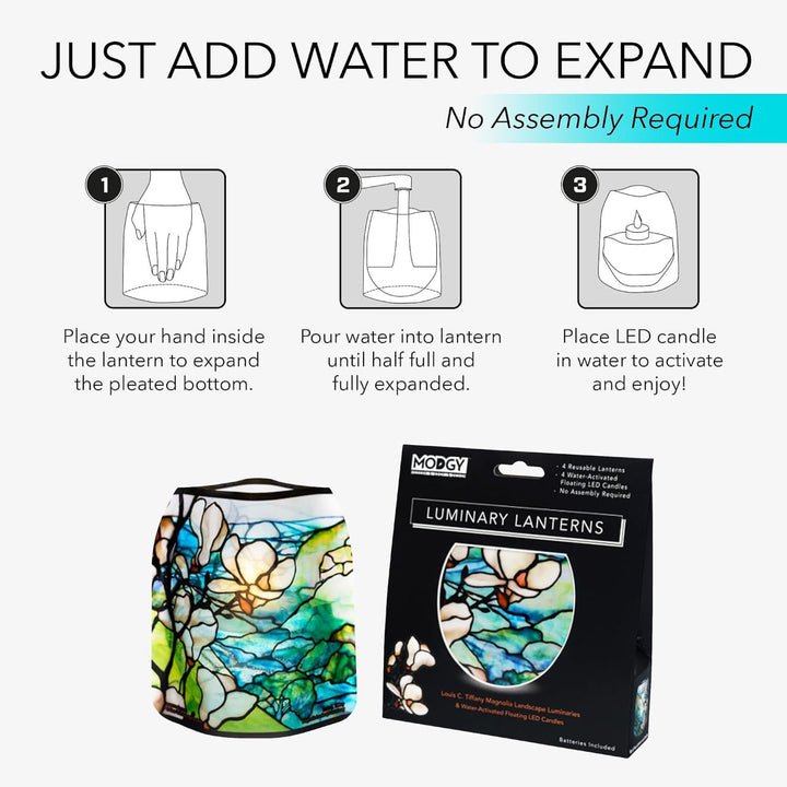 Instruction graphic for a Moody Luminary Lantern showing how to expand the lantern by adding water, alongside the product in its gift packaging and the lantern itself. The lantern features a stained-glass style design 