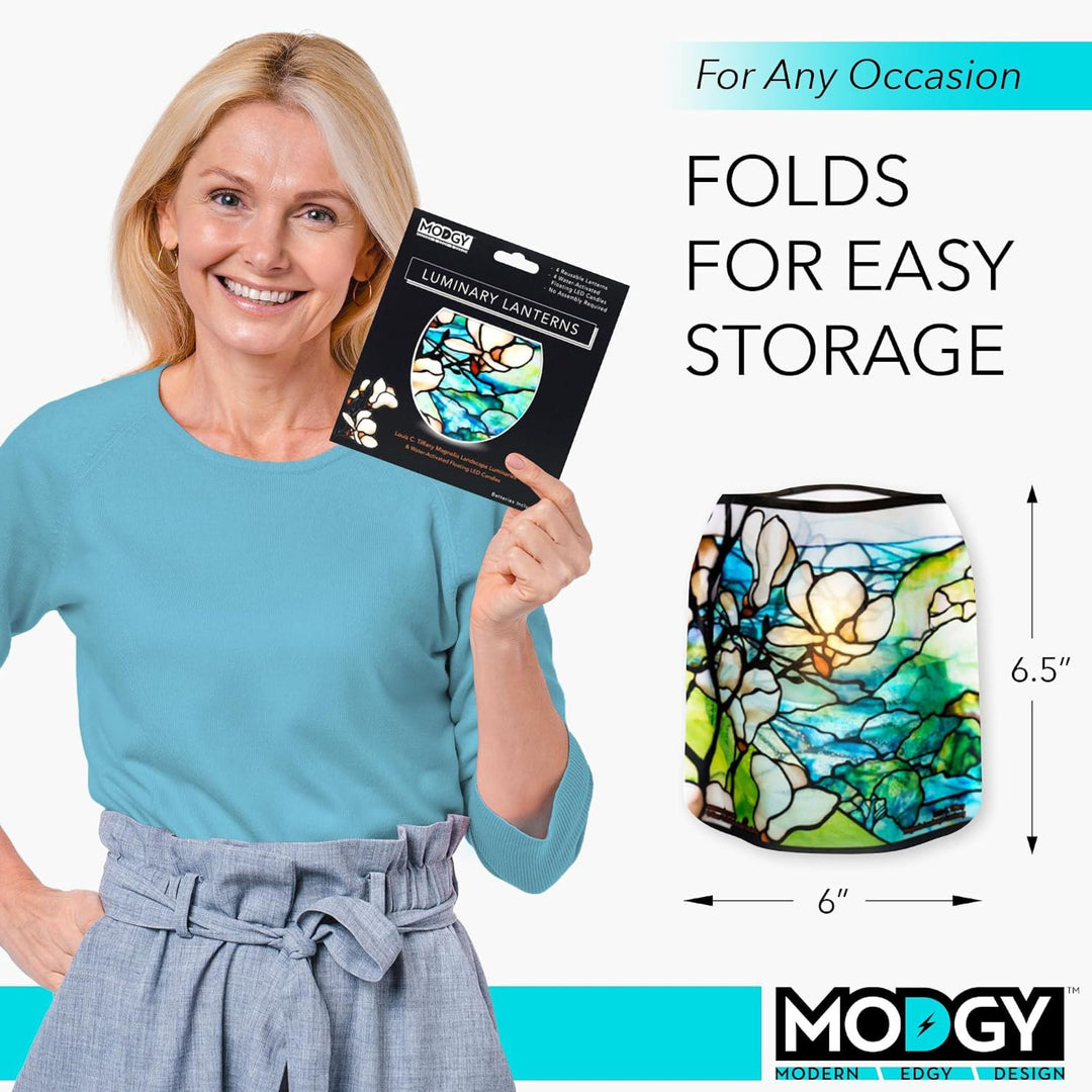 Modgy reusable LED luminary folds flat for easy storage and expands to approximately 6 inches by 6.5 inches when filled with water.