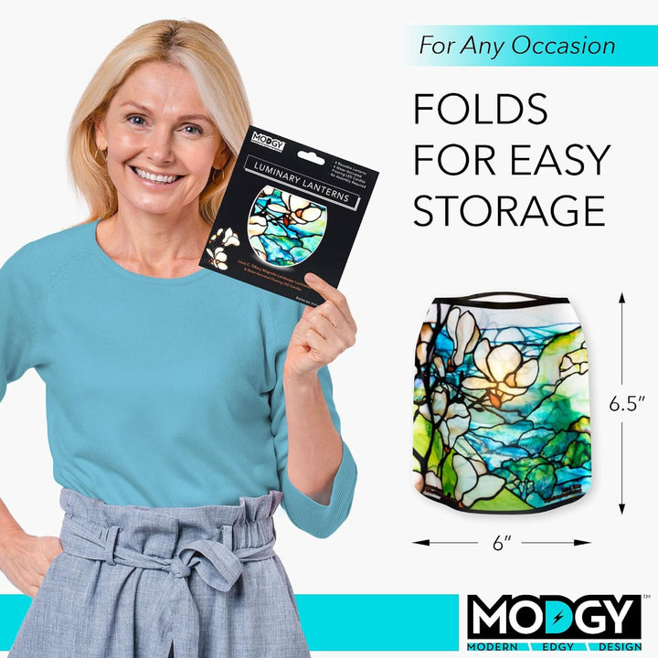 Modgy reusable LED luminary folds flat for easy storage and expands to approximately 6 inches by 6.5 inches when filled with water.