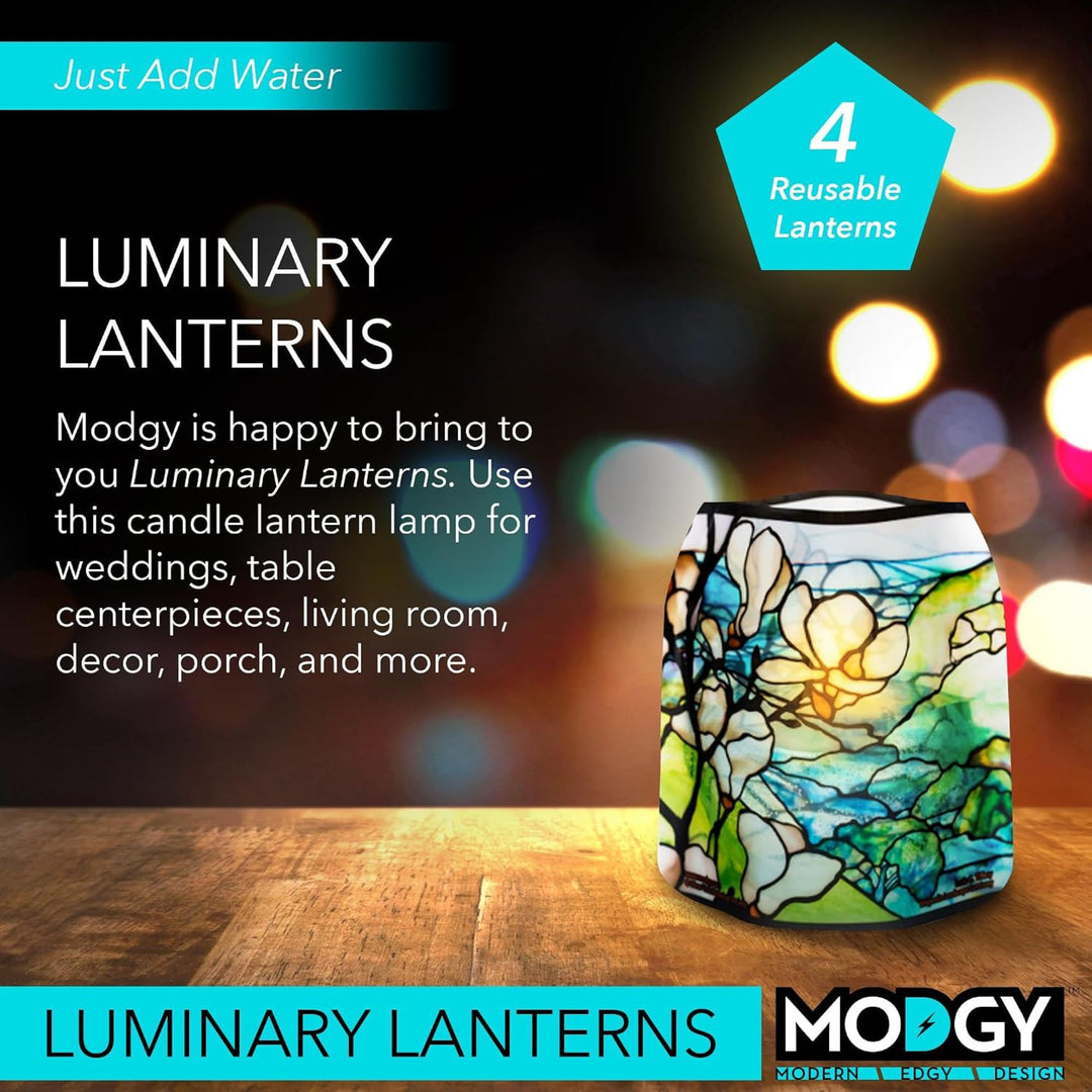 A Modgy reusable LED lantern lamp with a stained-glass-style design  Displayed as decorative ambient lighting for weddings, entertaining, table centrepieces and home décor. Just add water.