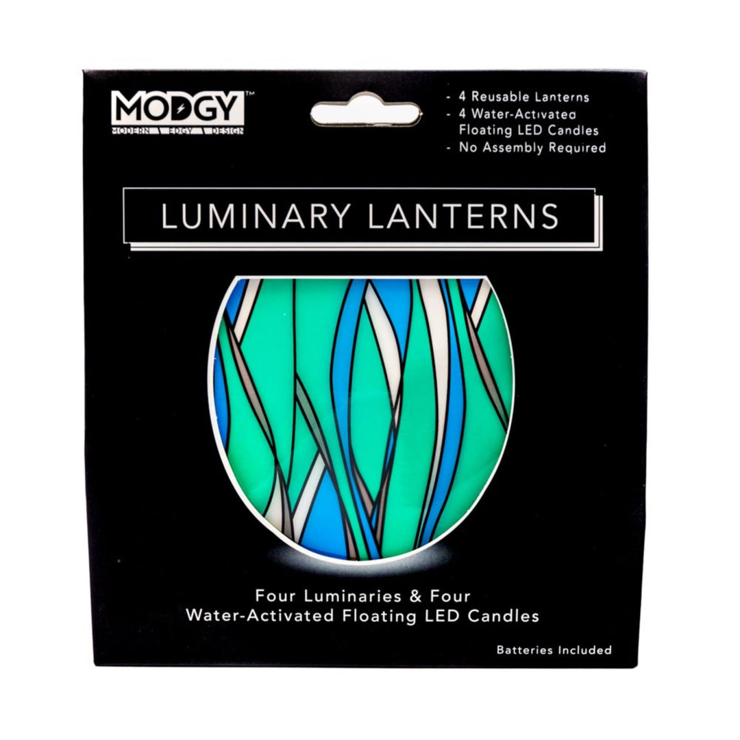 Modgy Heedo LED Luminary Lanterns gift box featuring the stained-glass-like blue, aqua and green design