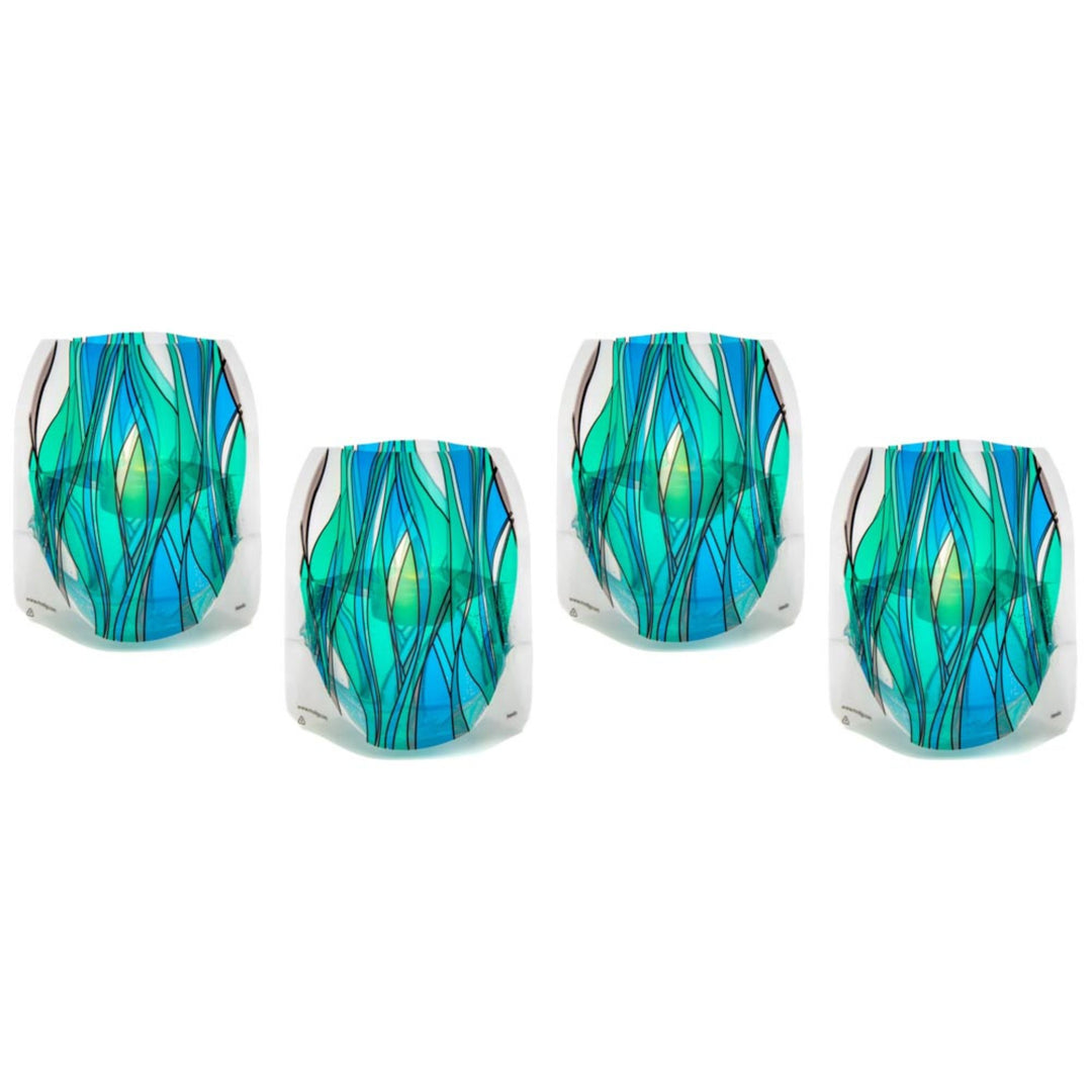 Set of 4 reusable Modgy Heedo LED luminaries featuring a stained-glass-like geometric design in blue, aqua and green