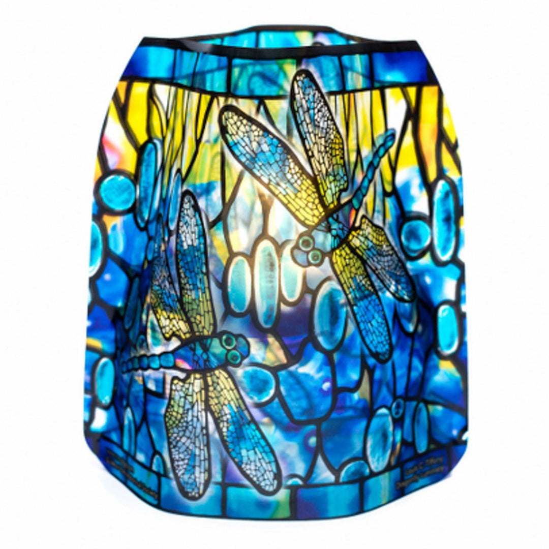 A stained-glass-style lantern . Modgy LED luminary featuring Louis C. Tiffany's iconic Dragonfly stained-glass design in blue, turquoise and yellow