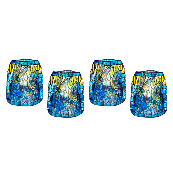 Four matching blue stained-glass style candle holders with dragonfly designs. Set of 4 reusable Modgy Tiffany Dragonfly LED luminaries featuring Louis C. Tiffany's iconic Dragonfly design
