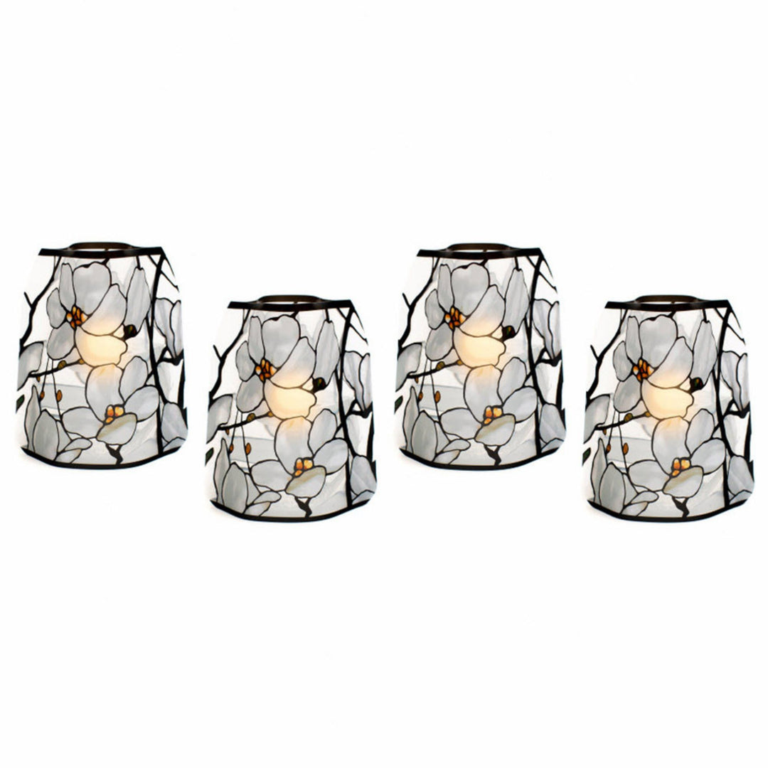 Set of four stained-glass-style reusable Modgy LED luminary lanterns featuring the Tiffany Magnolia Window design inspired by Louis C. Tiffany, illuminated with water-activated floating LED candles.