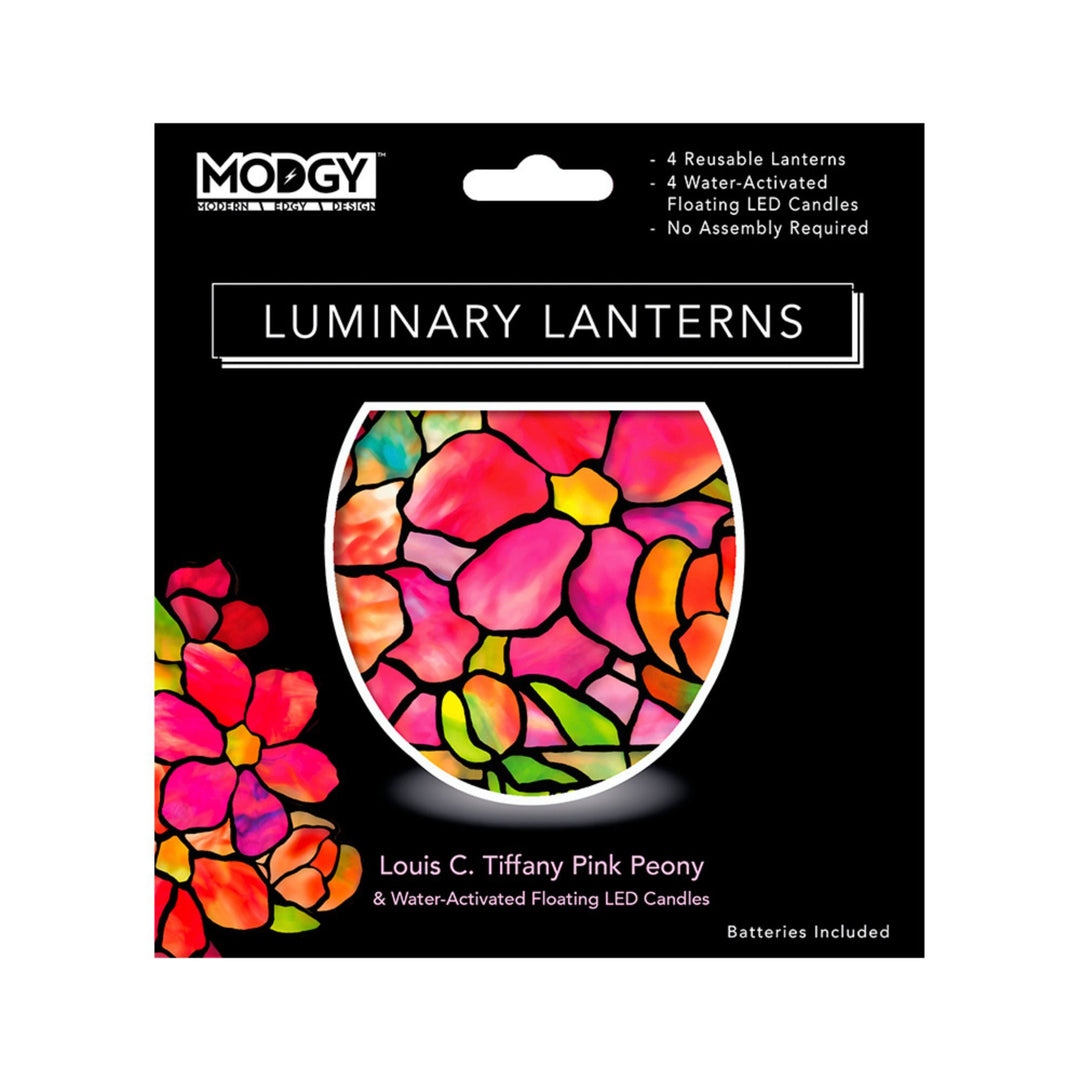 Modgy Tiffany Pink Peony Luminary Lanterns gift boxed set with 4 reusable lanterns and 4 water-activated LED candles