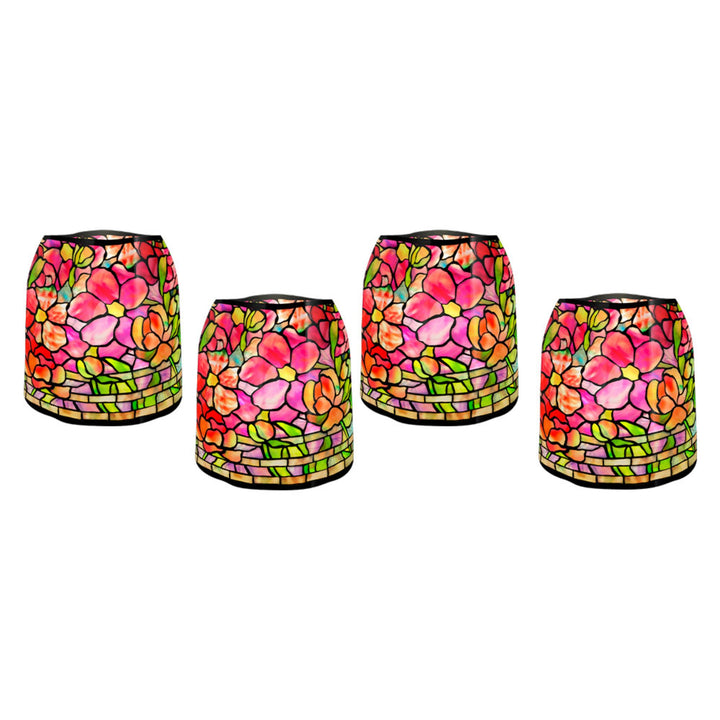 Modgy stained-glass-like Tiffany Pink Peony Luminary Lanterns boxed set with 4 reusable lanterns and 4 water-activated LED candles. perfect for candle light table centrepieces for various functions