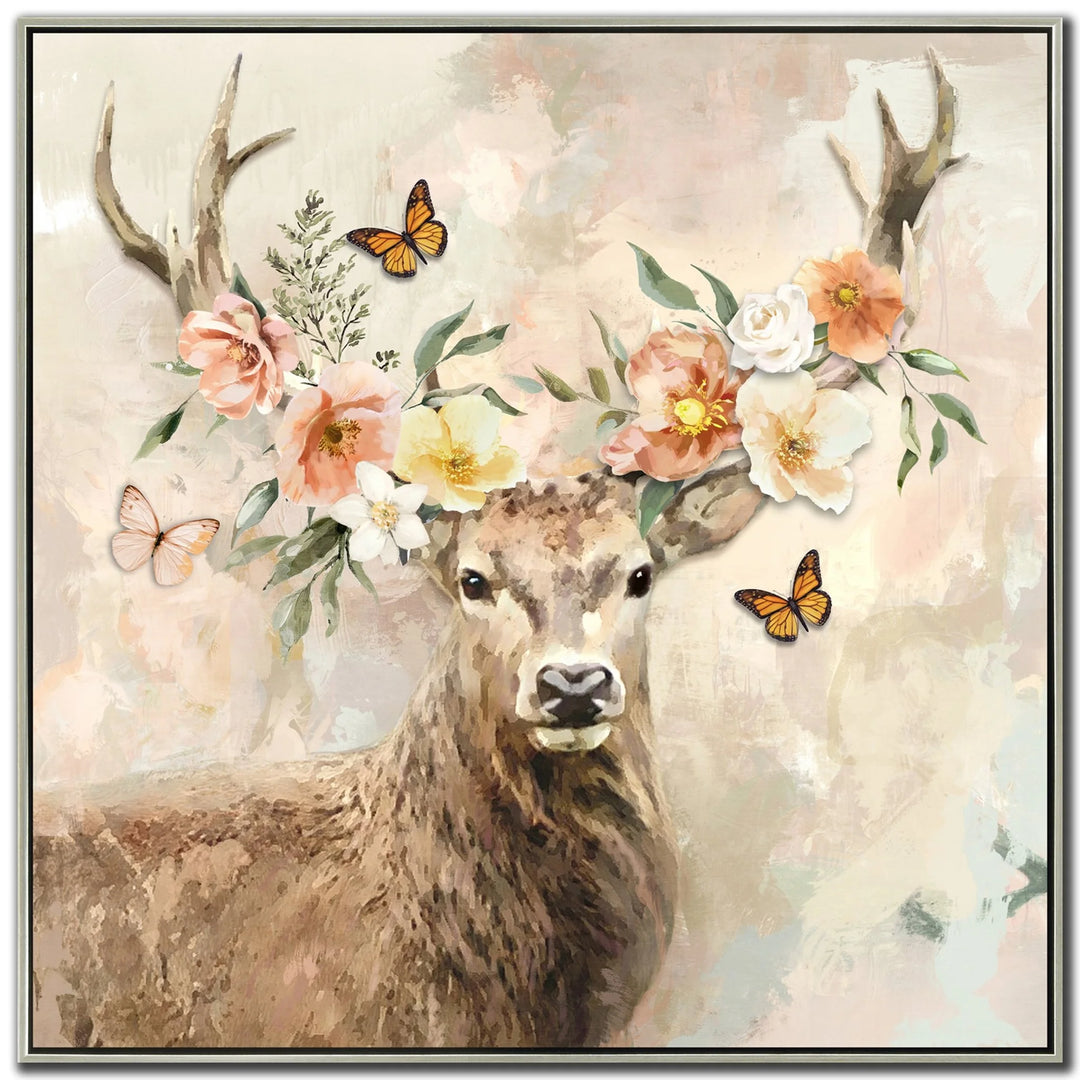 Feminine Floral Deer - Large Wall Art - Floating Frame