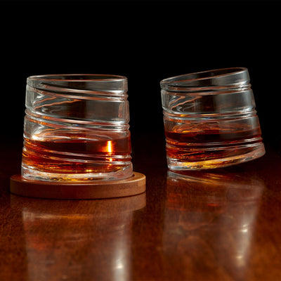 Pirouette Spinning Scotch Glass S/2 With Oak Coaster
