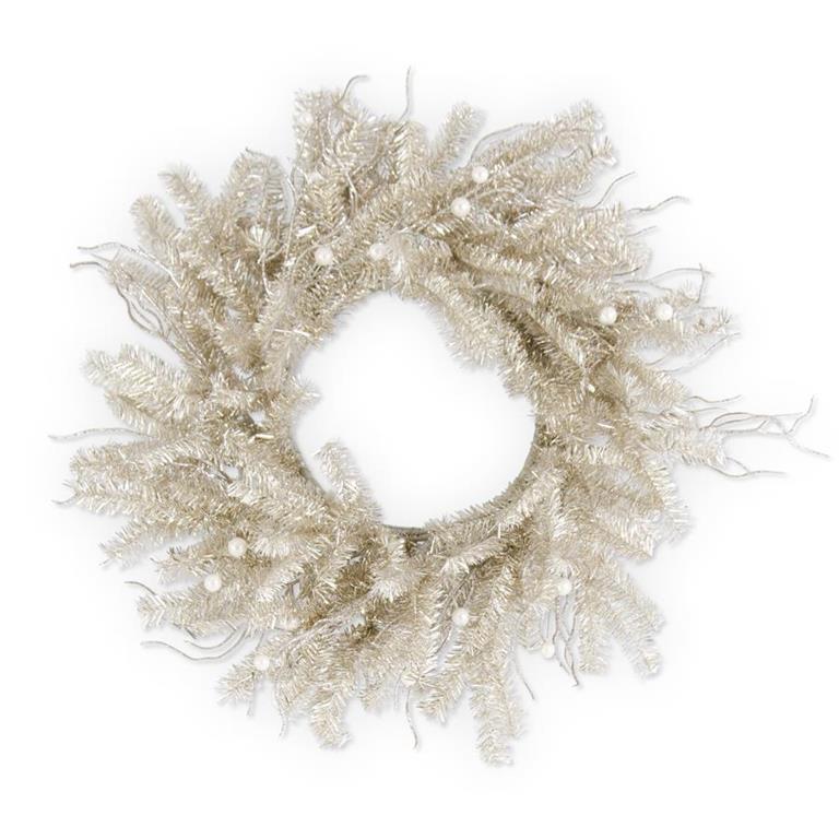 Champagne Tinsel Twig and Pearl Wreath