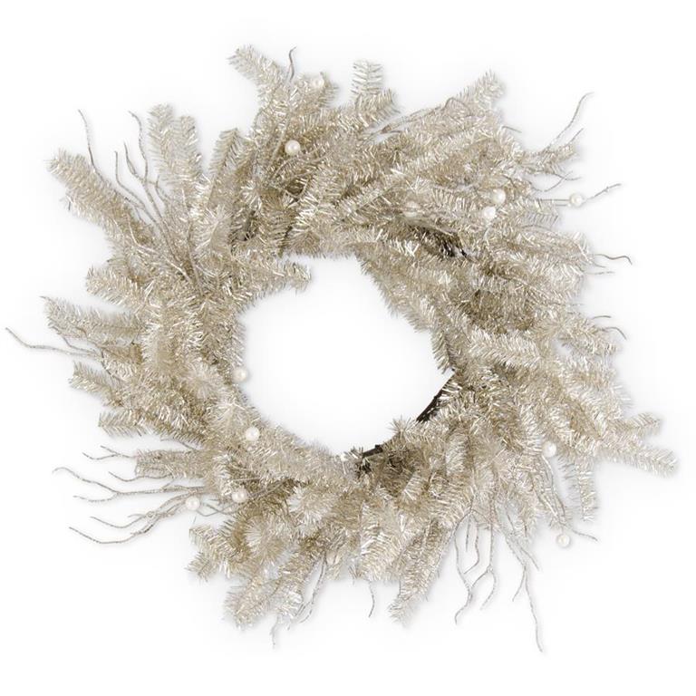 Champagne Tinsel Twig and Pearl Wreath on Vine Base