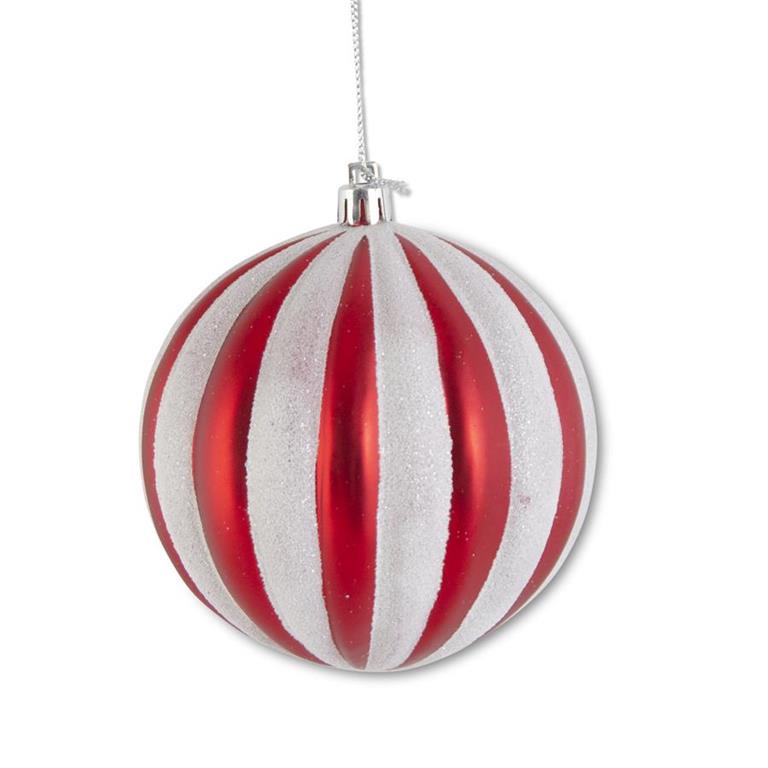  Red & White Glittered Striped Ornament