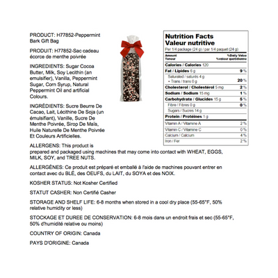 Nutritional Information - Dark Chocolate with crushed all natural peppermint bark.