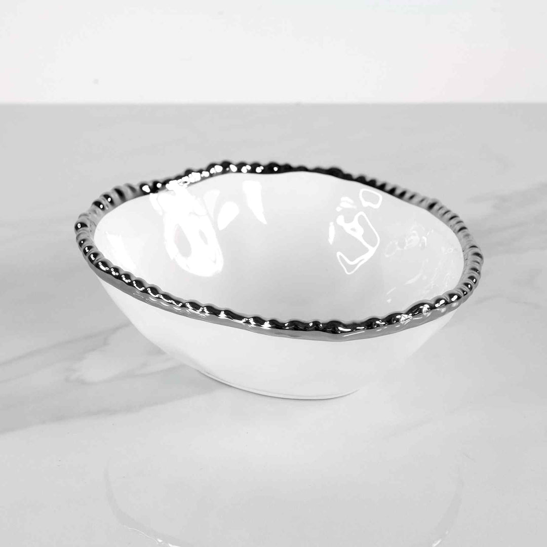 White Condiment Bowl with Silver Beaded Trim