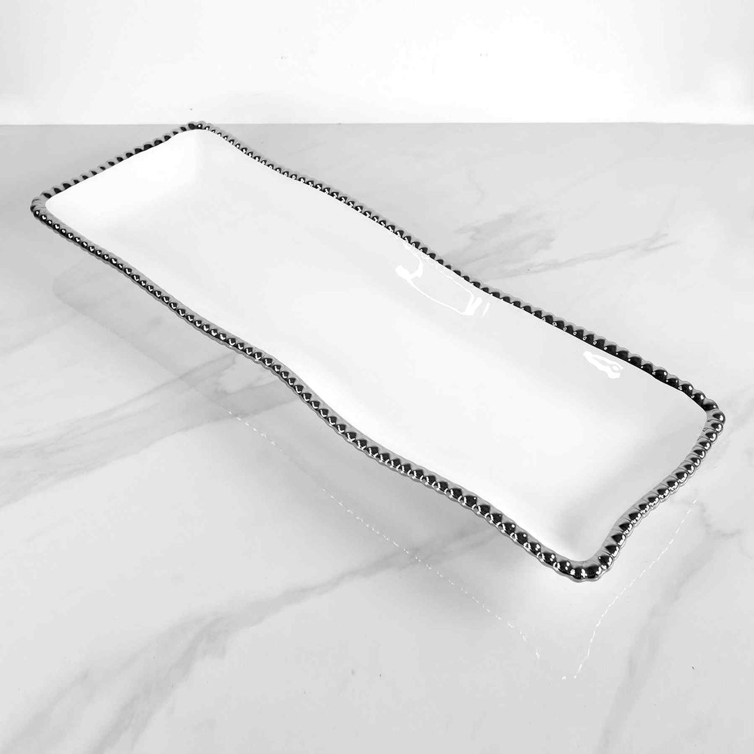 White Rectangular Platter with Silver Beaded Trim