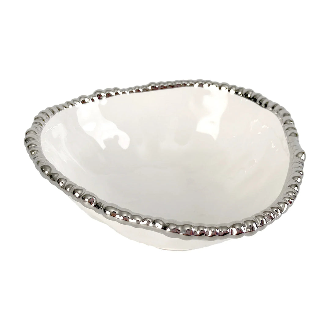 Large White Condiment Bowl With Silver Beaded Trim