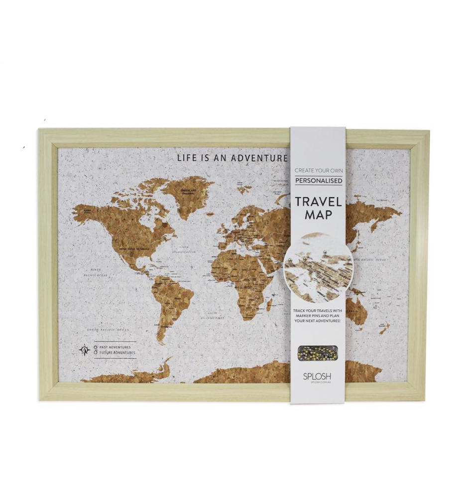 Framed corkboard world travel map