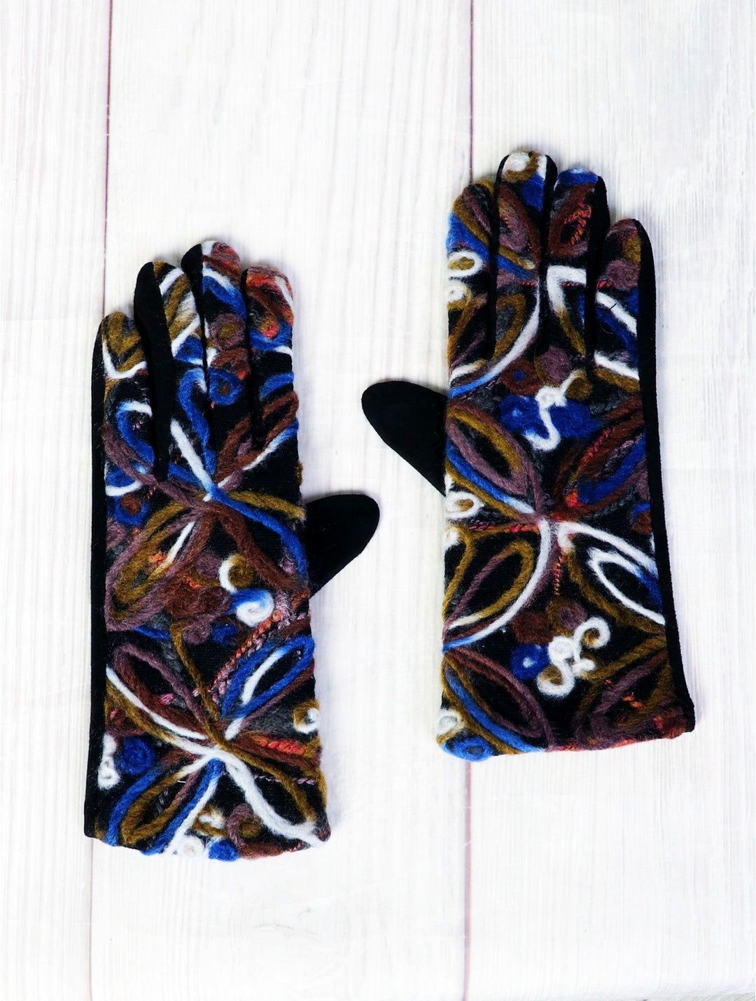 Women's Winter Blue and Brown Embroidered Gloves