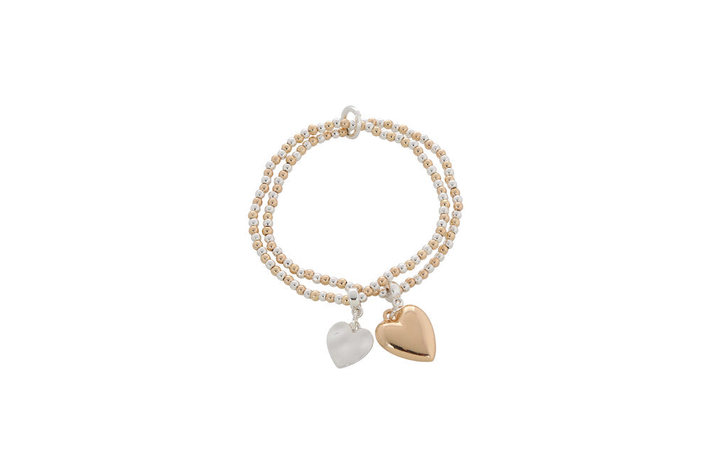 Merx - Beaded Elastic Bracelet Silver and Gold with Heart Charms
