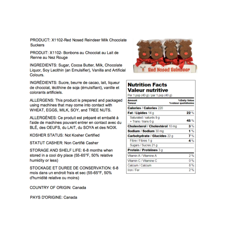 Nutritional Information - Milk Chocolate Red Nosed Reindeer Pops