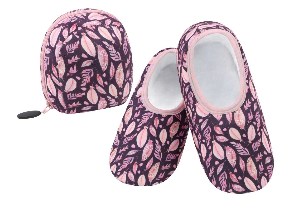 Women s No Skid Snoozie Slippers Pink Leaves Skinnies with