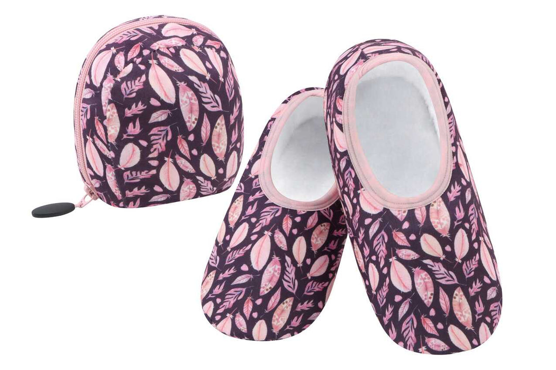 Women's No Skid Snoozie Slippers - Pink Leaves Skinnies with Travel Pouch