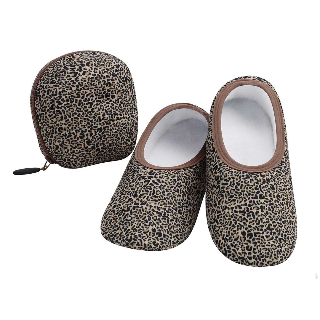 Women's No Skid Snoozie Slippers - Leopard Skinnies with Travel Pouch
