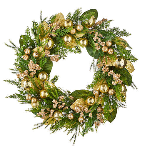 28" Evergreen and Gold Wreath
